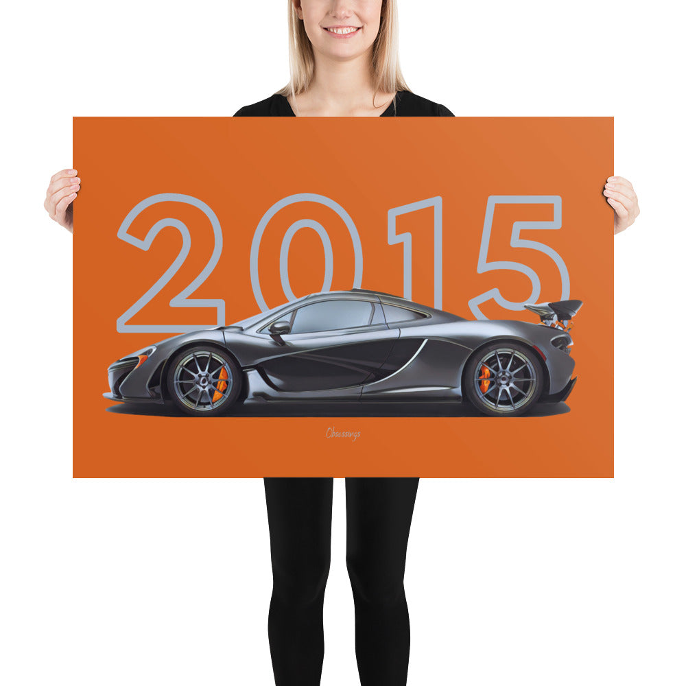 Poster of 2015 McLaren P1 Carbon Edition - Grey carbon - Model year series - Orange background