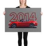 Load image into Gallery viewer, Poster of 2014 Mazda MX-5 Miata 25th Anniversary Edition - 2014 - Red - Model year series - Grey background
