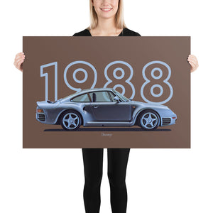 Poster of 1988 Porsche 959S - Silver - Model year series - Brown background