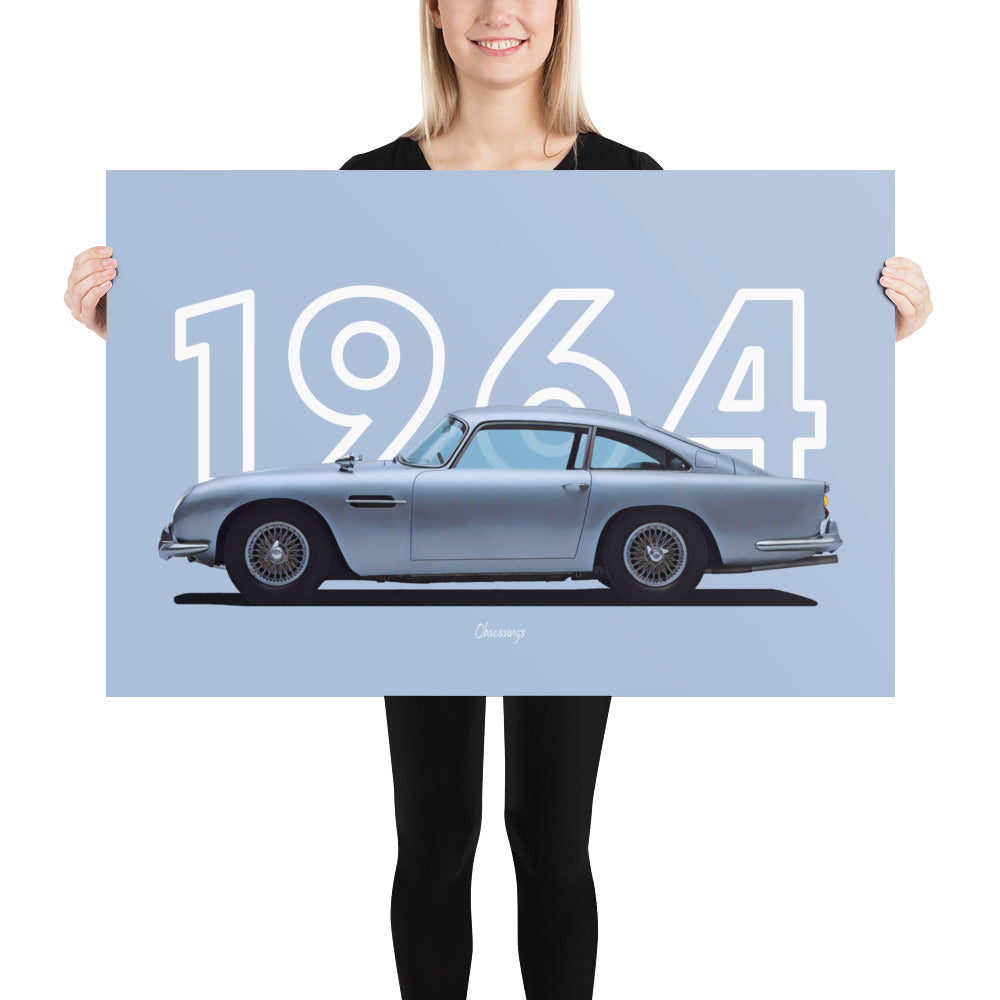 Poster of 1964 Aston Martin DB5 - Silver - Model year series - Light blue background