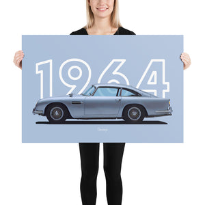 Poster of 1964 Aston Martin DB5 - Silver - Model year series - Light blue background