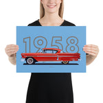 Load image into Gallery viewer, Poster of 1958 Chevrolet Bel Air Impala - Red - Model year series - Blue background
