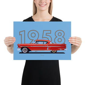 Poster of 1958 Chevrolet Bel Air Impala - Red - Model year series - Blue background