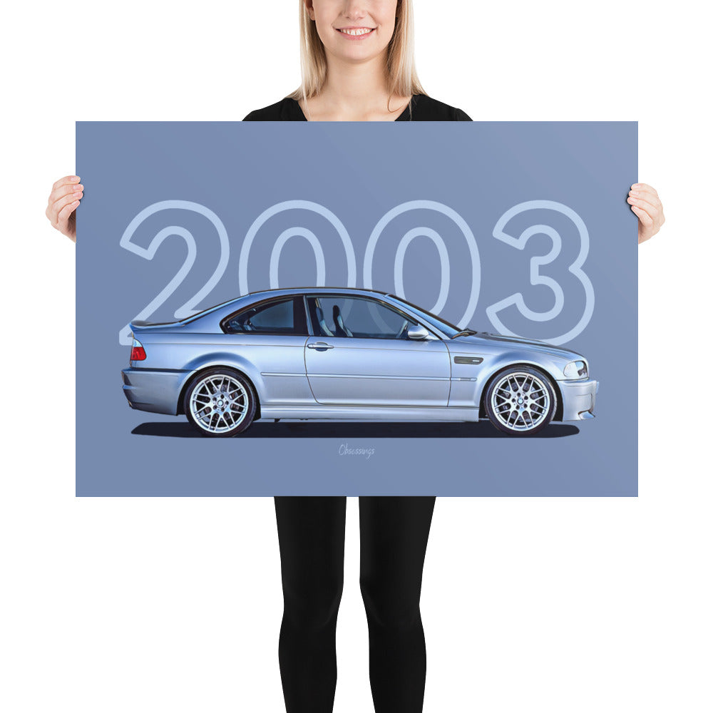 Poster of 2003 BMW E46 M3 CSL - Silver - Model year series - Grey background