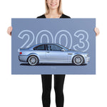 Load image into Gallery viewer, Poster of 2003 BMW E46 M3 CSL - Silver - Model year series - Grey background
