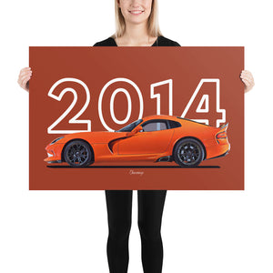 Poster of 2014 Dodge SRT Viper T/A - Orange - Model year series - Red background