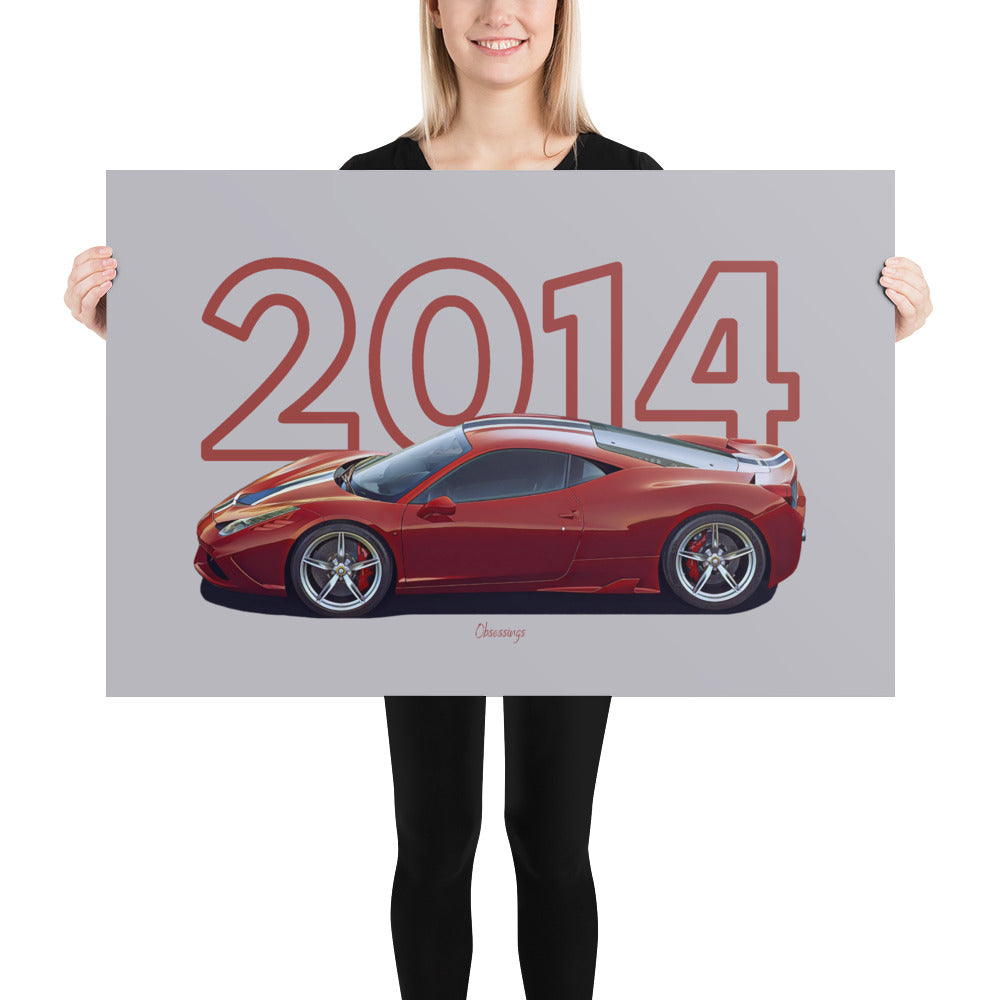 Poster of 2014 Ferrari 458 Speciale - Red - Model year series - Grey background