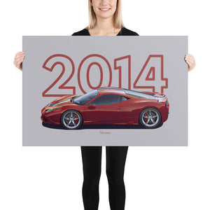 Poster of 2014 Ferrari 458 Speciale - Red - Model year series - Grey background