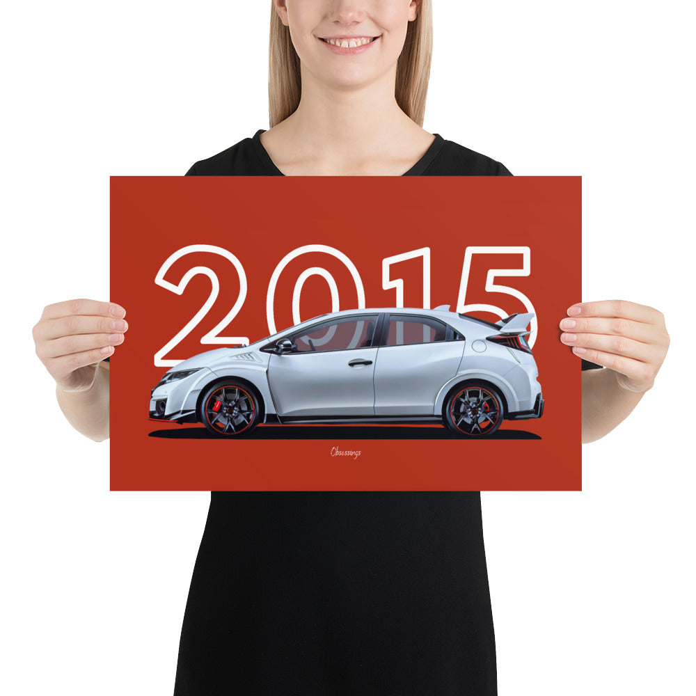 Poster of 2015 Honda Civic Type R - White - Model year series - Grey background