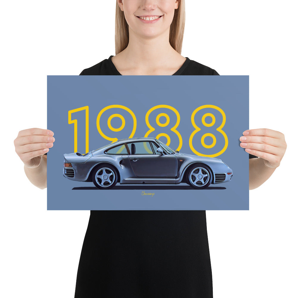 Poster of 1988 Porsche 959S - Silver - Model year series - Grey background