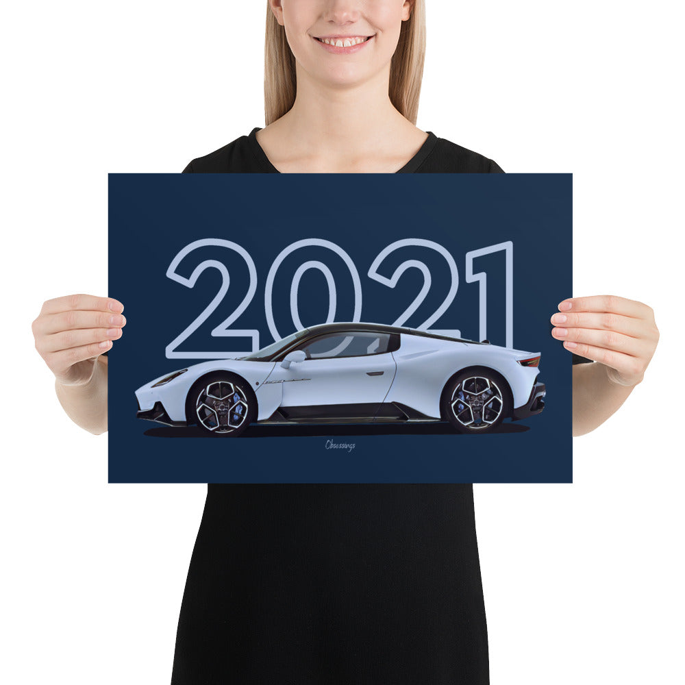 Poster of 2021 Maserati MC20 - White - Model year series - Blue background