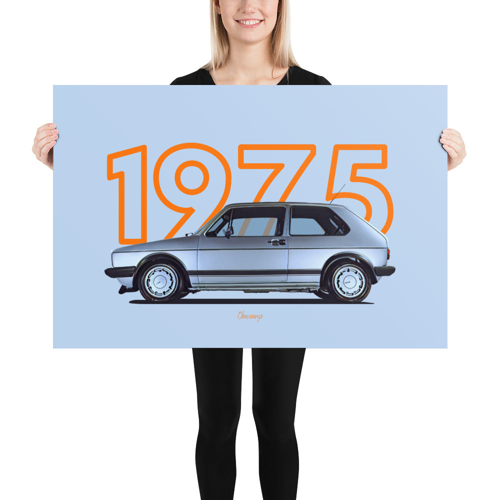 Poster of 1975 Volkswagen Golf GTI Mk1 - Silver - Model year series - Orange background