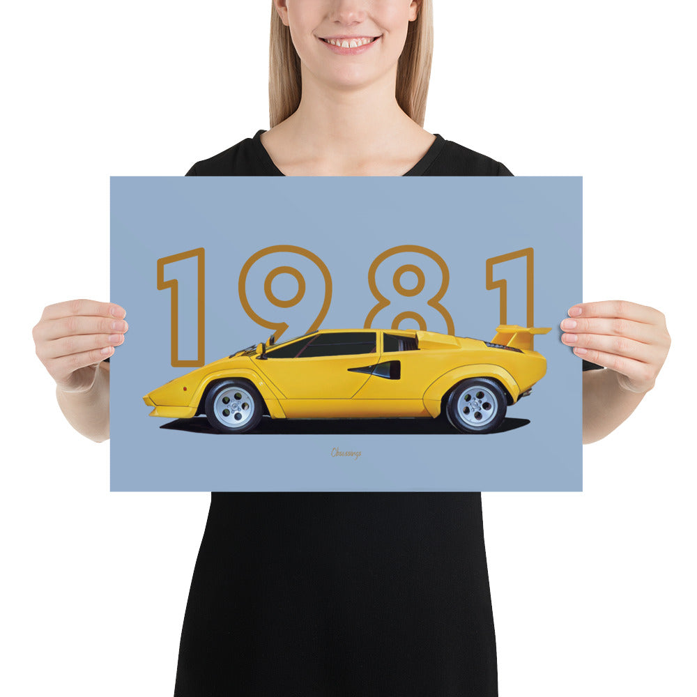 Poster of 1981 Lamborghini Countach LP400 S - Yellow - Model year series - Blue background