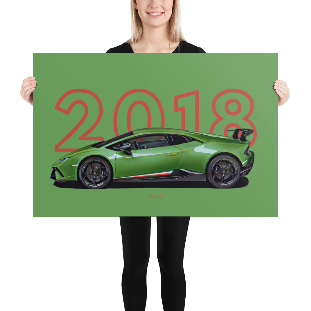 Poster of 2018 Lamborghini Huracan Performante - Green - Model year series - Green background