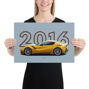 Poster of 2016 Ferrari F12 tdf - Yellow - Model year series - Grey background