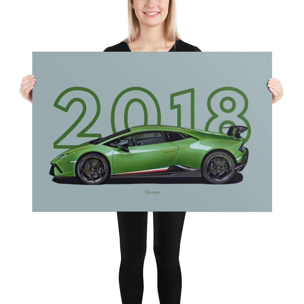 Poster of 2018 Lamborghini Huracan Performante - Green - Model year series - Grey background