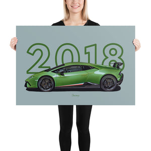 Poster of 2018 Lamborghini Huracan Performante - Green - Model year series - Grey background