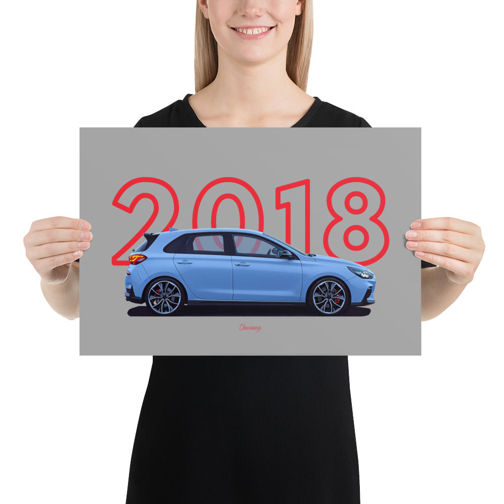 Poster of 2018 Hyundai i30N - Blue - Model year series - Grey background