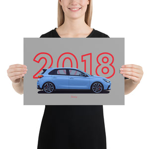 Poster of 2018 Hyundai i30N - Blue - Model year series - Grey background