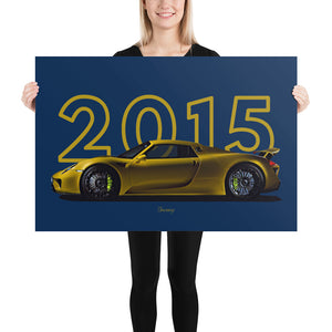 Poster of 2015 Porsche 918 Spyder - Yellow - Model year series - Blue background