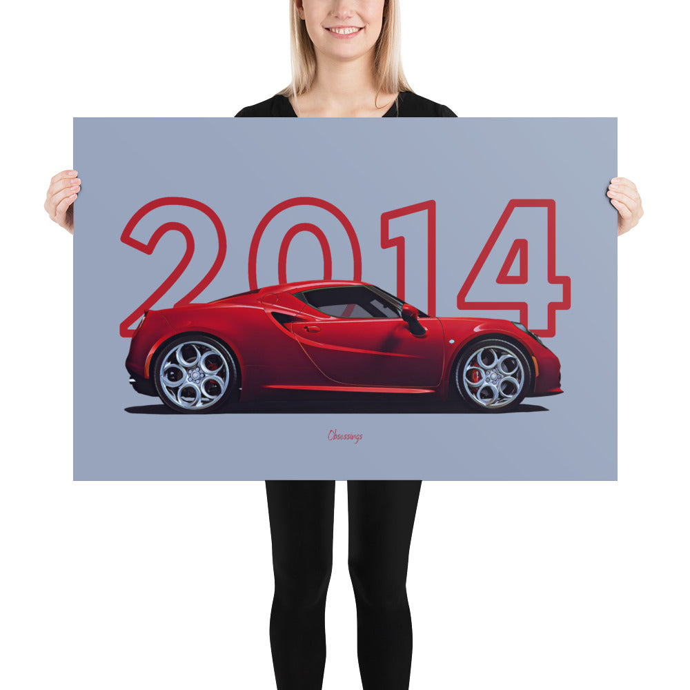 Poster of 2014 Alfa Romeo 4C - Red - Model year series - Grey background