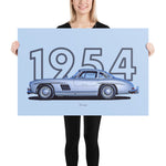 Load image into Gallery viewer, Poster of 1954 Mercedes-Benz 300SL Gullwing - Silver - Model year series - Light blue background
