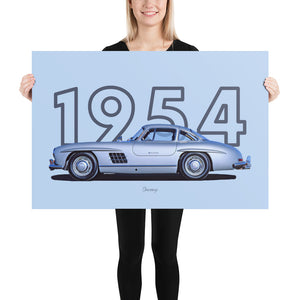 Poster of 1954 Mercedes-Benz 300SL Gullwing - Silver - Model year series - Light blue background