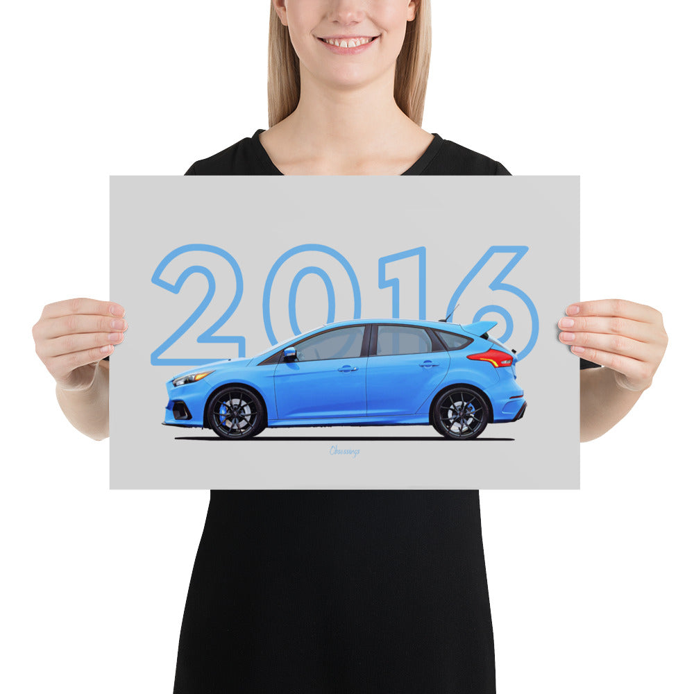 Poster of 2016 Ford Focus RS - Blue - Model year series - Grey background