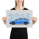 Load image into Gallery viewer, Poster of 2016 Ford Focus RS - Blue - Model year series - Grey background
