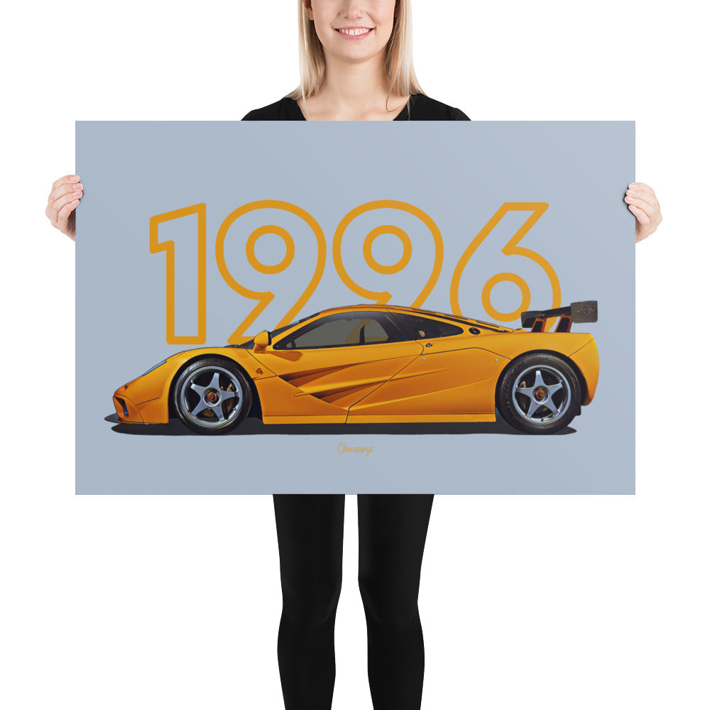 Poster of 1996 McLaren F1 LM - Orange - Model year series - Grey background