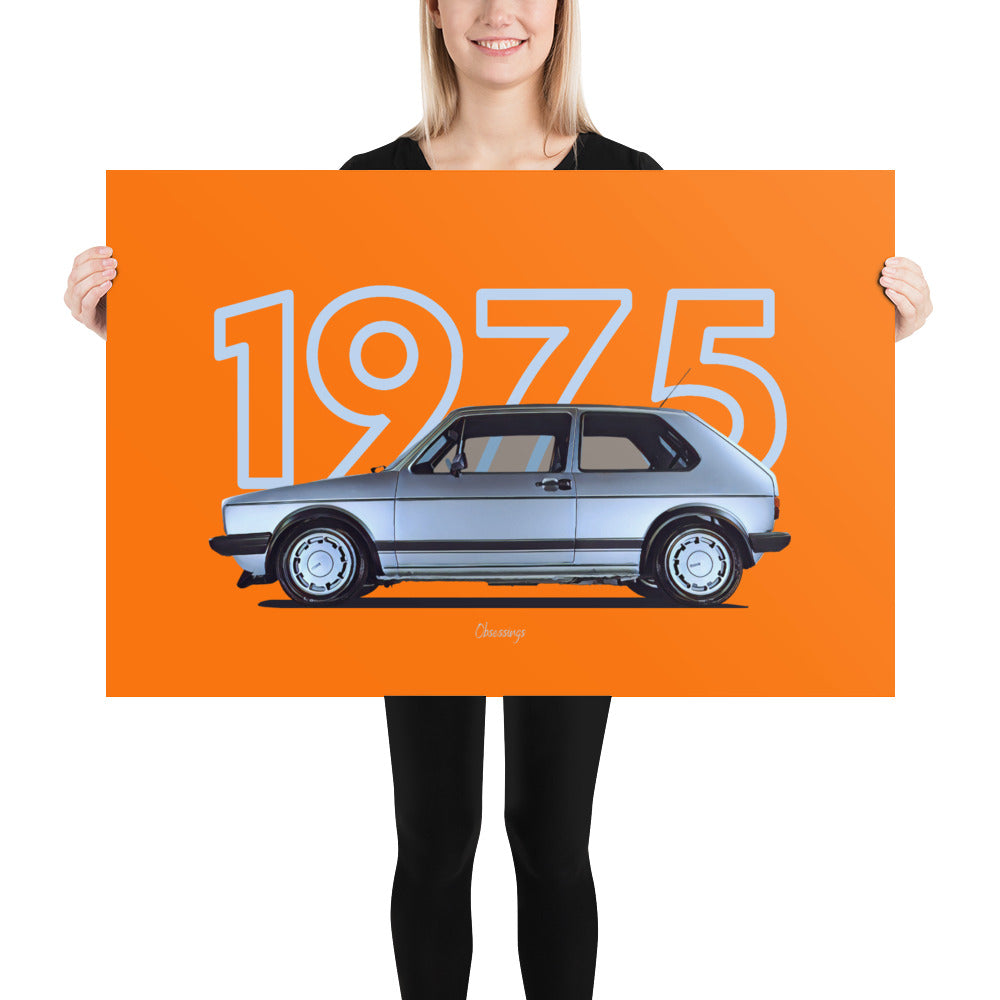 Poster of 1975 Volkswagen Golf GTI Mk1 - Silver - Model year series - Orange background