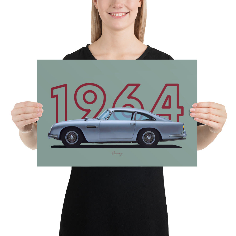 Poster of 1964 Aston Martin DB5 - Silver - Model year series - Green background