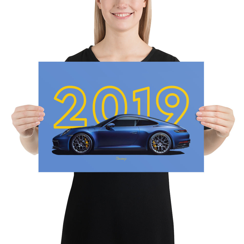 Poster of 2019 Porsche Carrera 4S 992 - Blue - Model year series - Blue background