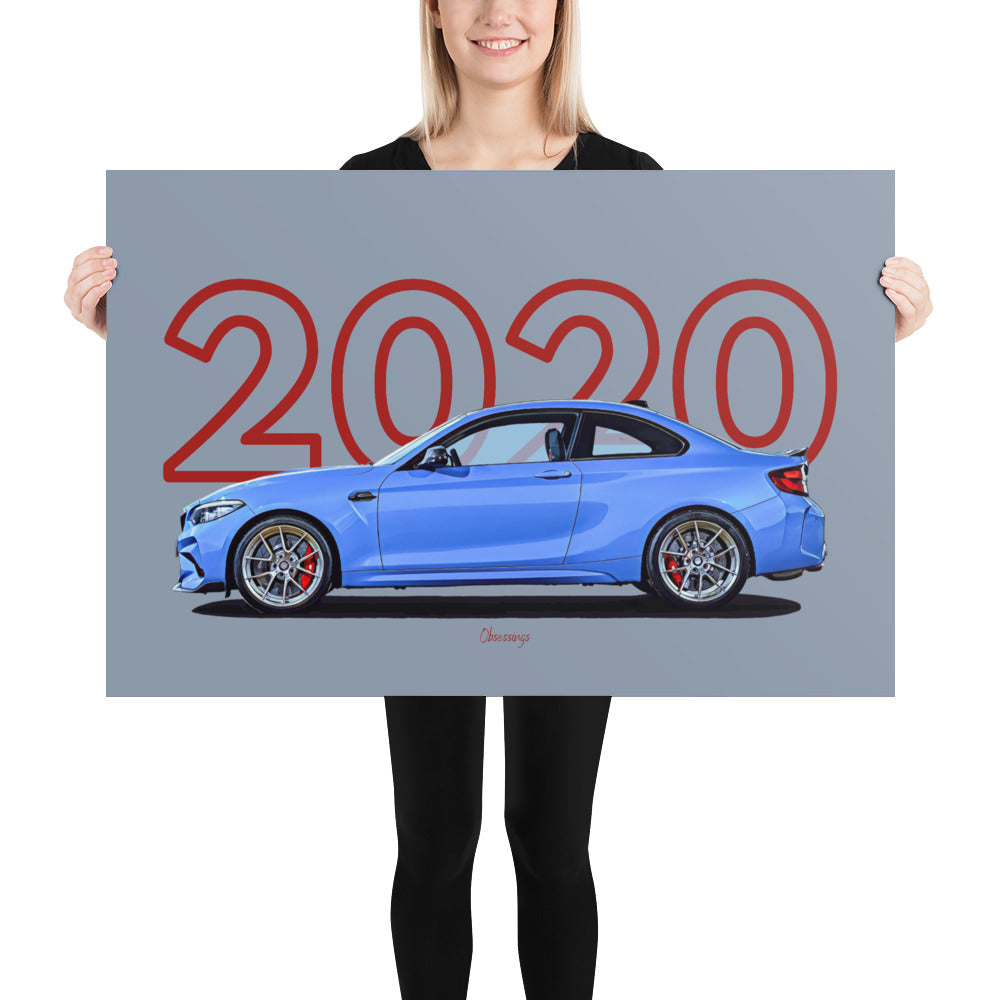 Poster of 2020 BMW M2 CS - Blue - Model year series - Grey background