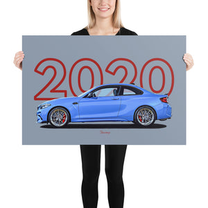 Poster of 2020 BMW M2 CS - Blue - Model year series - Grey background