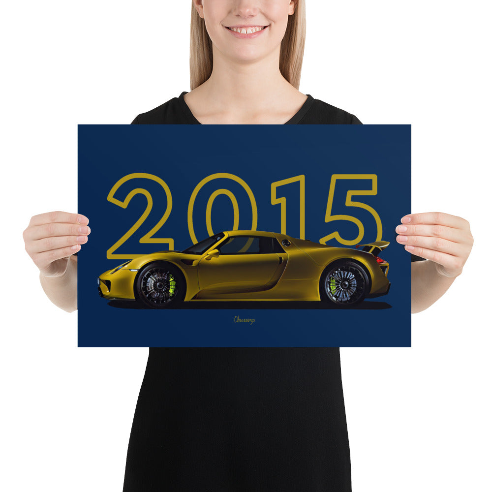 Poster of 2015 Porsche 918 Spyder - Yellow - Model year series - Blue background