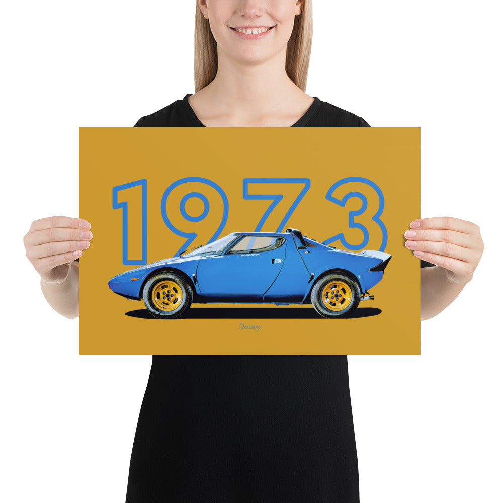 Poster of 1973 Lancia Stratos HF - Blue - Model year series - Gold background