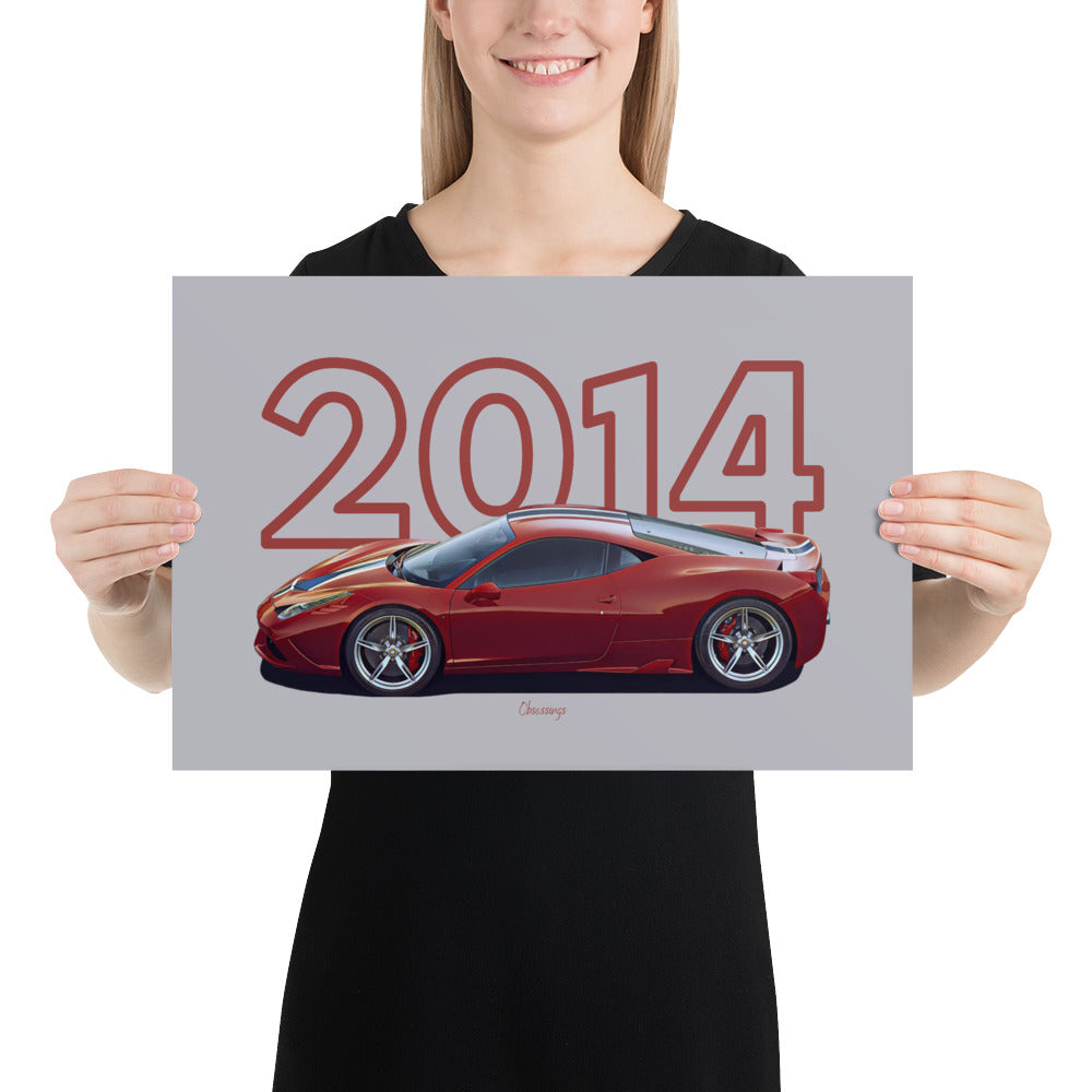 Poster of 2014 Ferrari 458 Speciale - Red - Model year series - Grey background