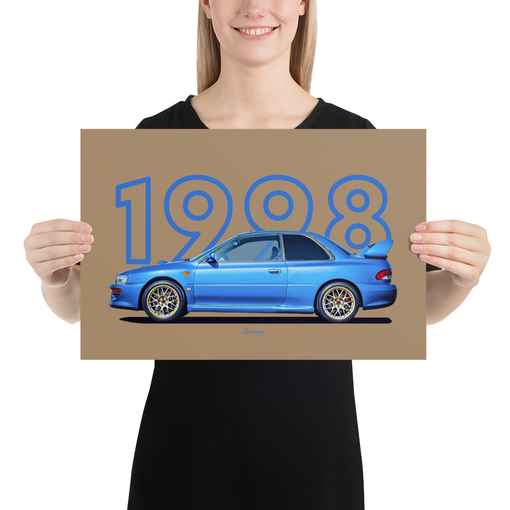 Poster of 1998 Subaru Impreza 22B STI - Blue - Model year series - Brown background