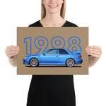 Load image into Gallery viewer, Poster of 1998 Subaru Impreza 22B STI - Blue - Model year series - Brown background
