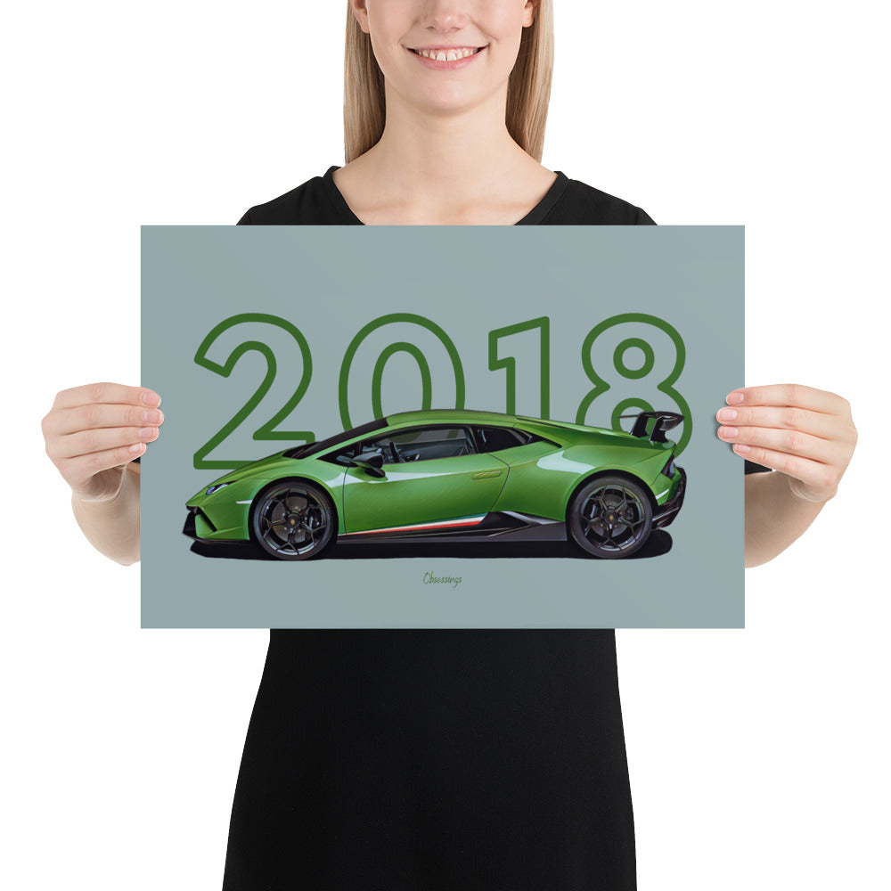 Poster of 2018 Lamborghini Huracan Performante - Green - Model year series - Grey background