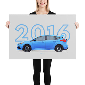 Poster of 2016 Ford Focus RS - Blue - Model year series - Grey background