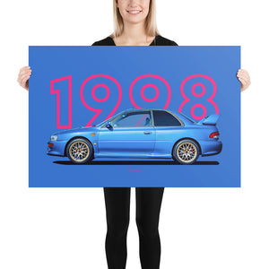 Poster of 1998 Subaru Impreza 22B STI - Blue - Model year series - Blue background