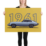 Load image into Gallery viewer, Poster of 1961 Jaguar E-Type - Silver - Model year series - Gold background
