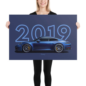 Poster of 2019 Porsche Carrera 4S 992 - Blue - Model year series - Dark blue background