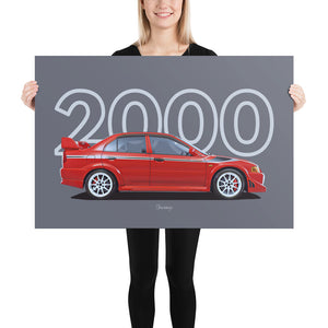 Poster of 2000 Mitsubishi Lancer Evolution VI Tommi Makinen Edition - Red - Model year series - Dark grey background