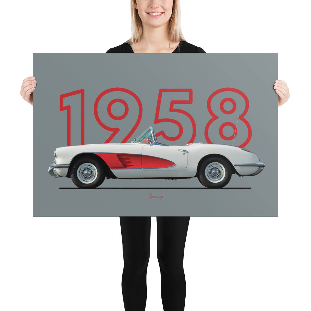 Poster of 1958 Chevrolet Corvette - White red - Model year series - Grey background