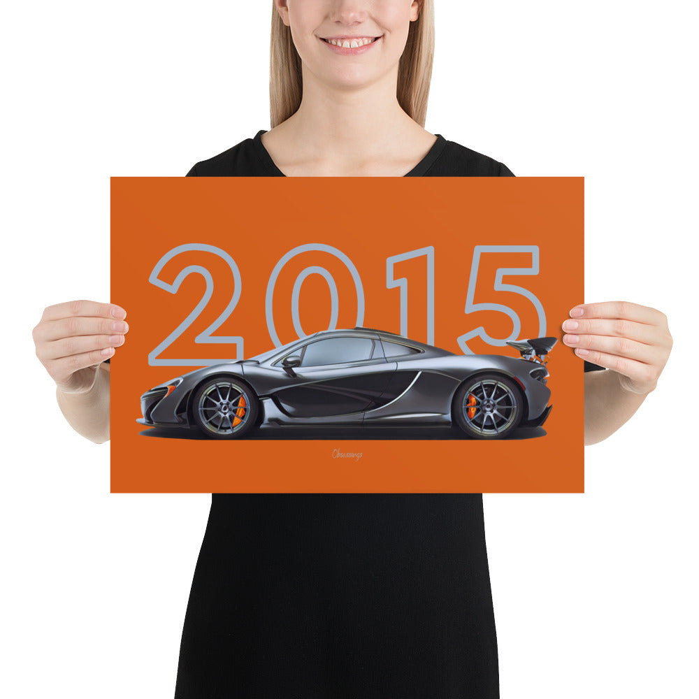 Poster of 2015 McLaren P1 Carbon Edition - Grey carbon - Model year series - Orange background