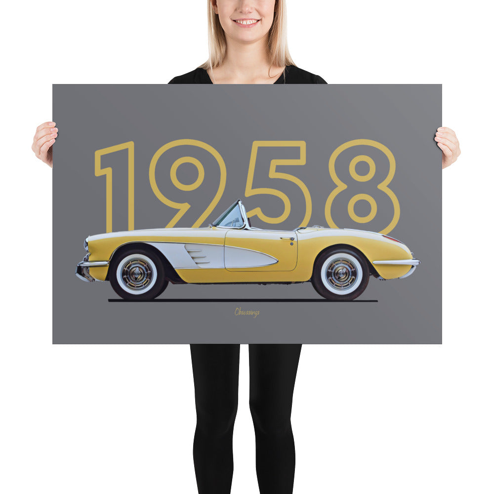 Poster of 1958 Chevrolet Corvette - Yellow white - Model year series - Grey background