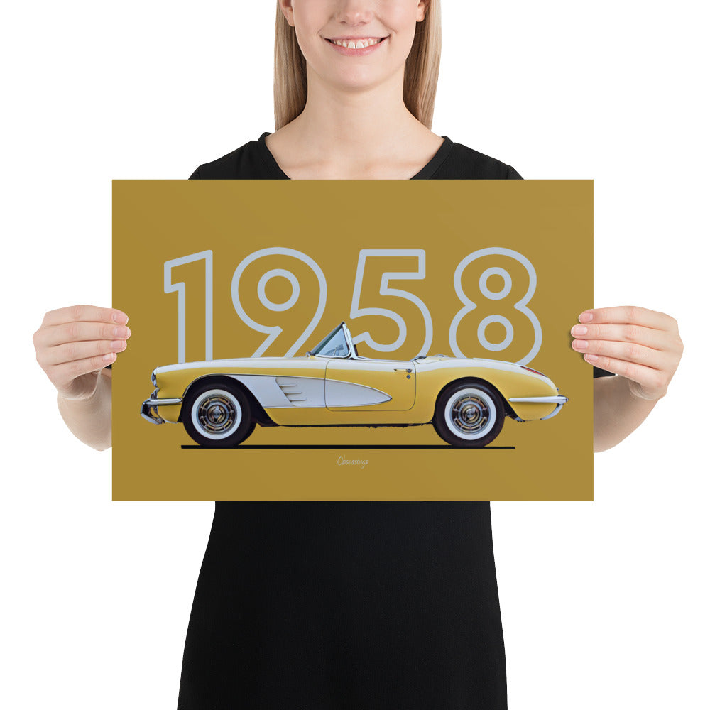 Poster of 1958 Chevrolet Corvette - Yellow white - Model year series - Yellow background